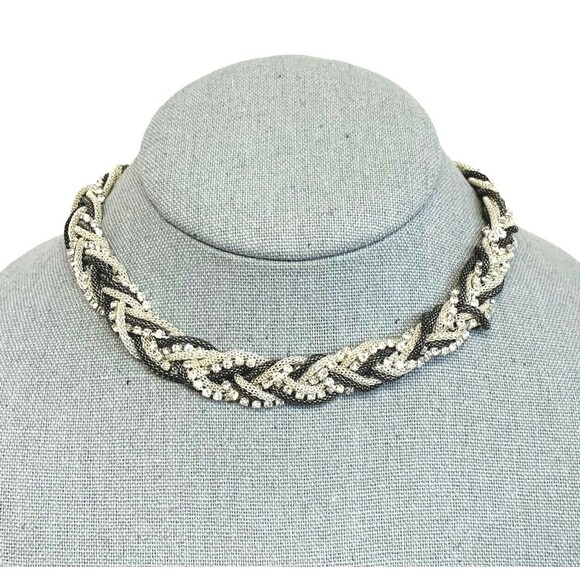 Dana Buchman Black Braided Rhinestone Necklace 14" Silver Tone Mesh 9 Strands - Picture 9 of 9